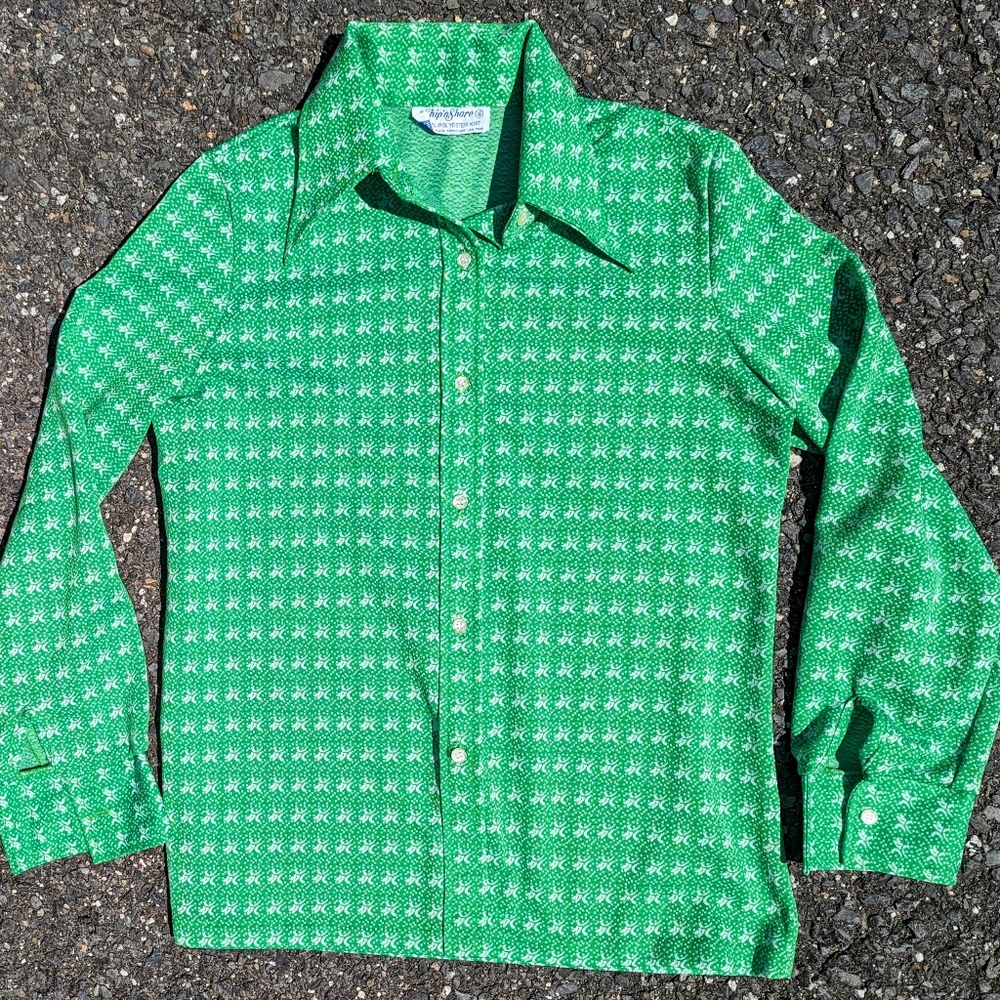 Vintage 1970s Green Floral Polyester Button Down Shirt L Ship' N Shore Retro Vtg
